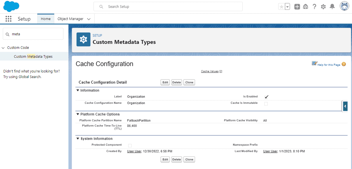 CacheConfiguration__mdt Organization Record