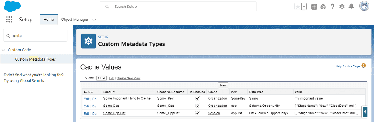 CacheValue__mdt List View