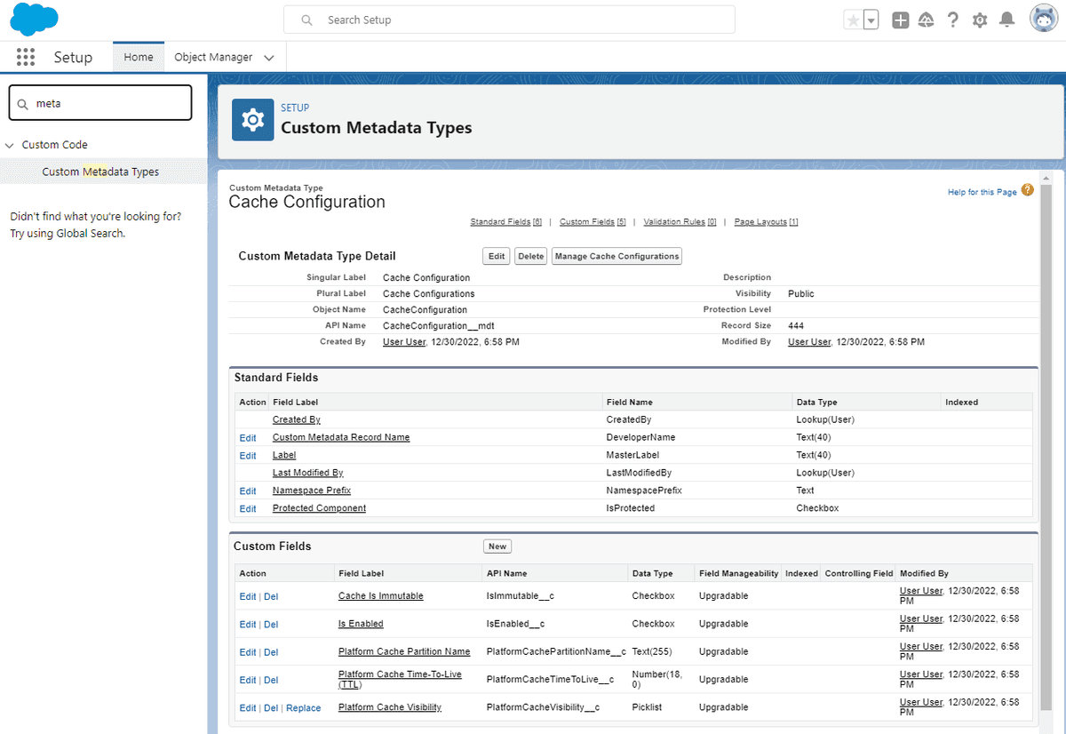 CacheConfiguration__mdt Setup Page