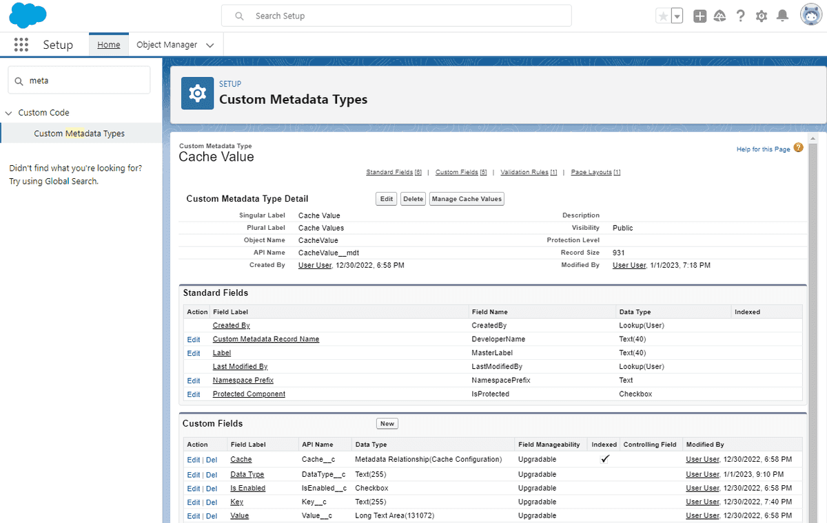 CacheValue__mdt Setup Page