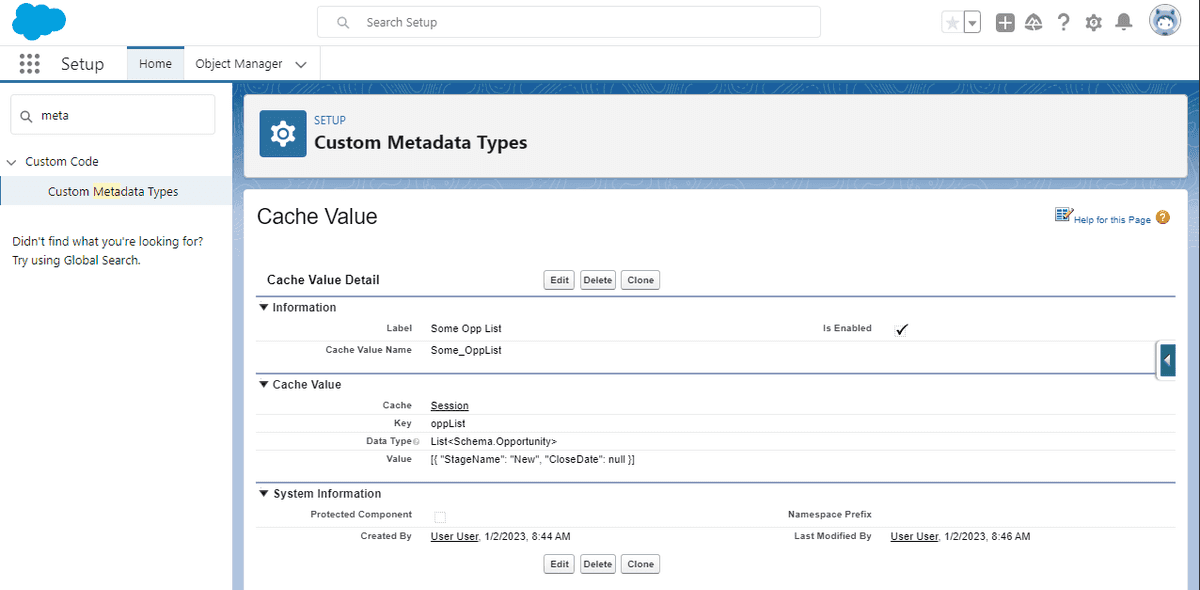 CacheValue__mdt Example Record